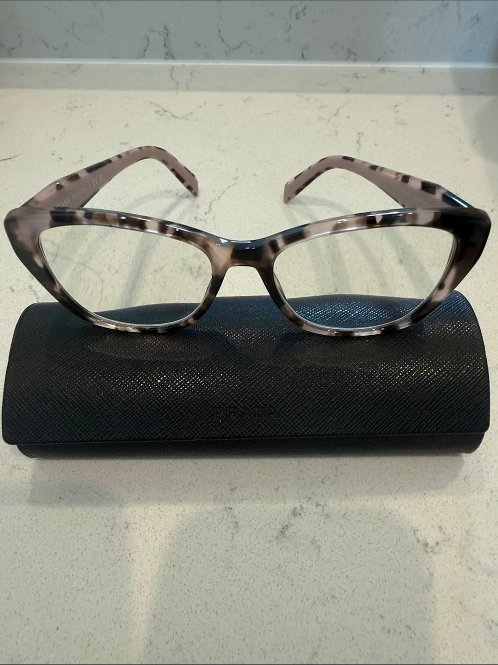 Prada Tortoiseshell Cat-Eye Glasses with Subtle Pink Accents, prescription